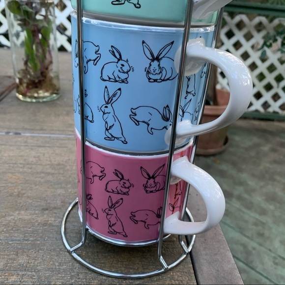 NWT Multicolored Rabbit Stackable 4 Mugs + Holder - Picture 9 of 11